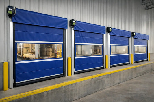 Blue High Cycle Vinyl Roll-Up Door on a dock