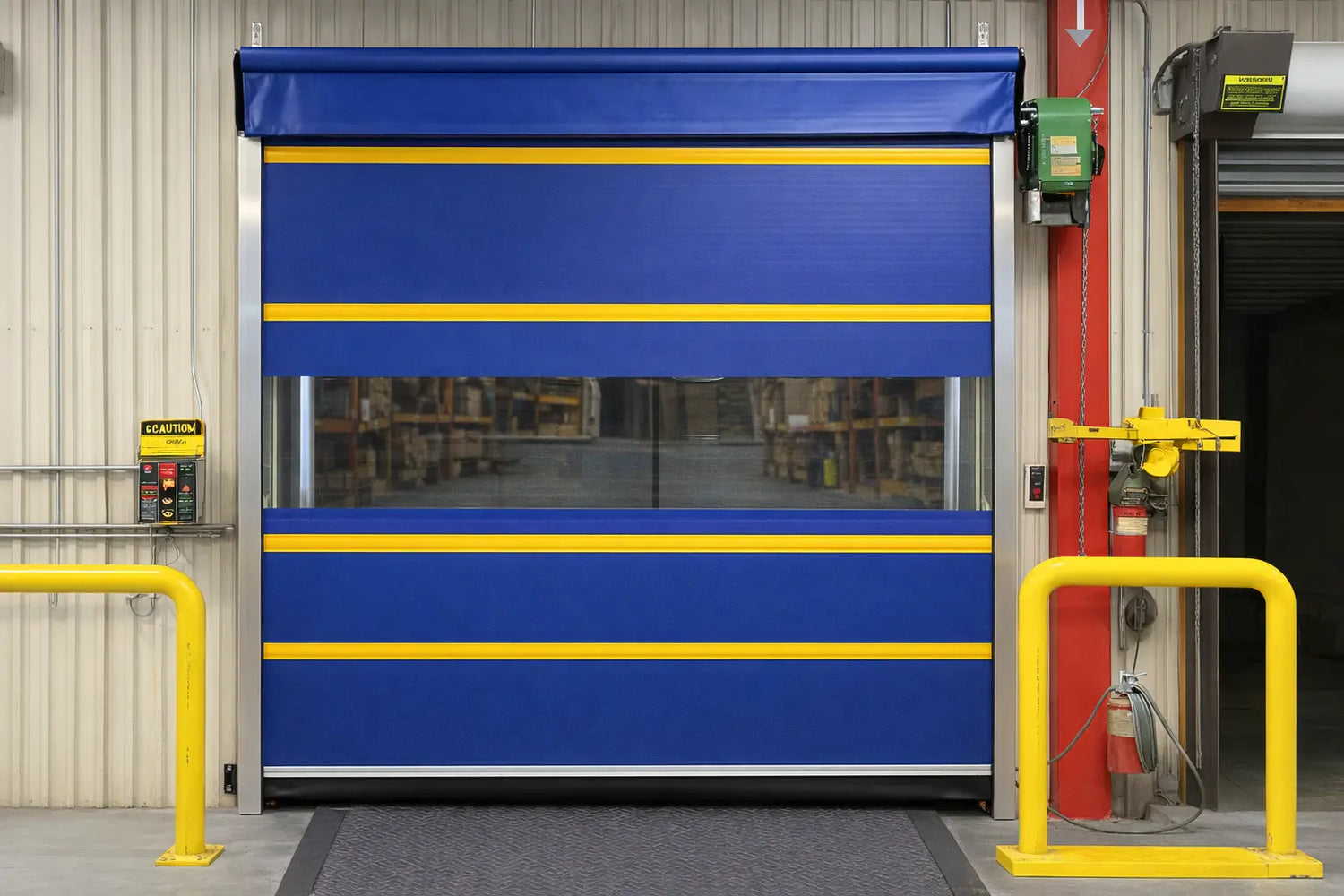 Blue High Cycle Vinyl Roll-up Door.