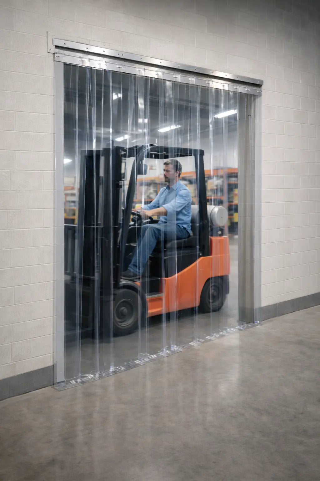 Person operating a forklift behind a clear plastic curtain in an industrial setting