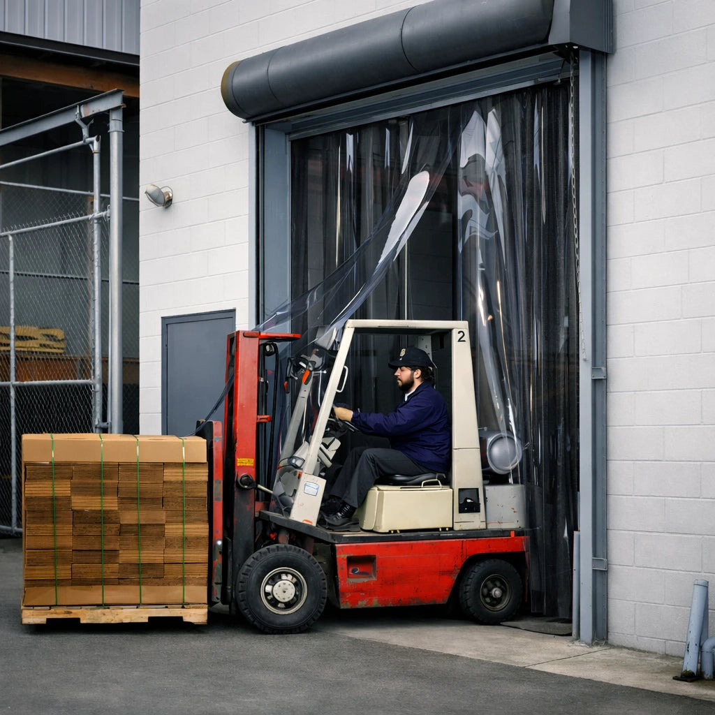Forklift operator loading boxes onto a forklift in front of a warehouse door.