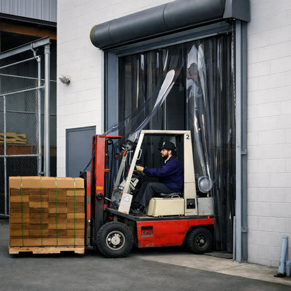 Forklift operator loading boxes onto a forklift in front of a warehouse door.