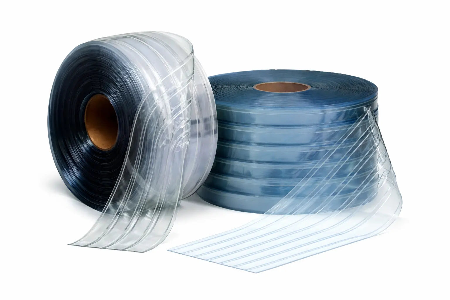 Two rolls of clear plastic wrap on a white background