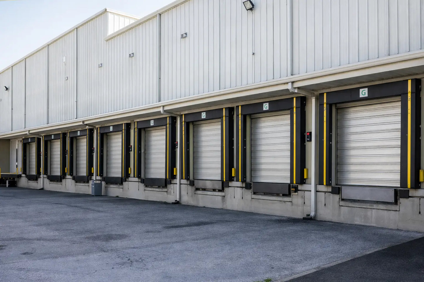 Row of Dock Seals on a large commercial building with a row of recieving docks